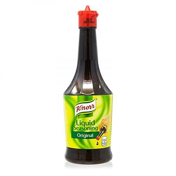 Knorr Liquid Seasoning Original in a 250ml clear bottle, showcasing a rich, dark liquid ready to enhance your dishes.
