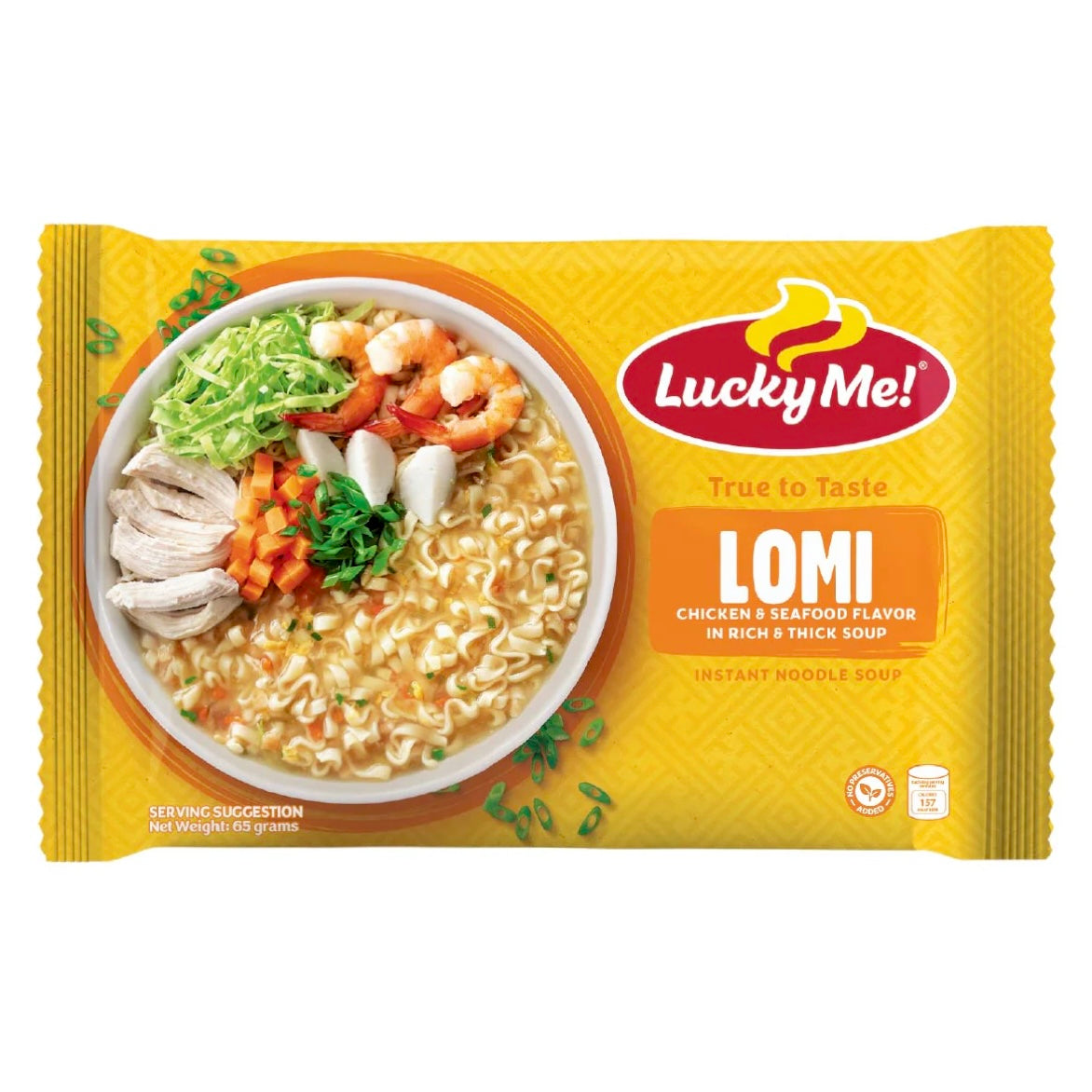 Savor the rich taste of Lucky Me Lomi Instant Noodle in Chicken & Seafood flavor, featuring thick noodles and savory broth in a 65g pack.