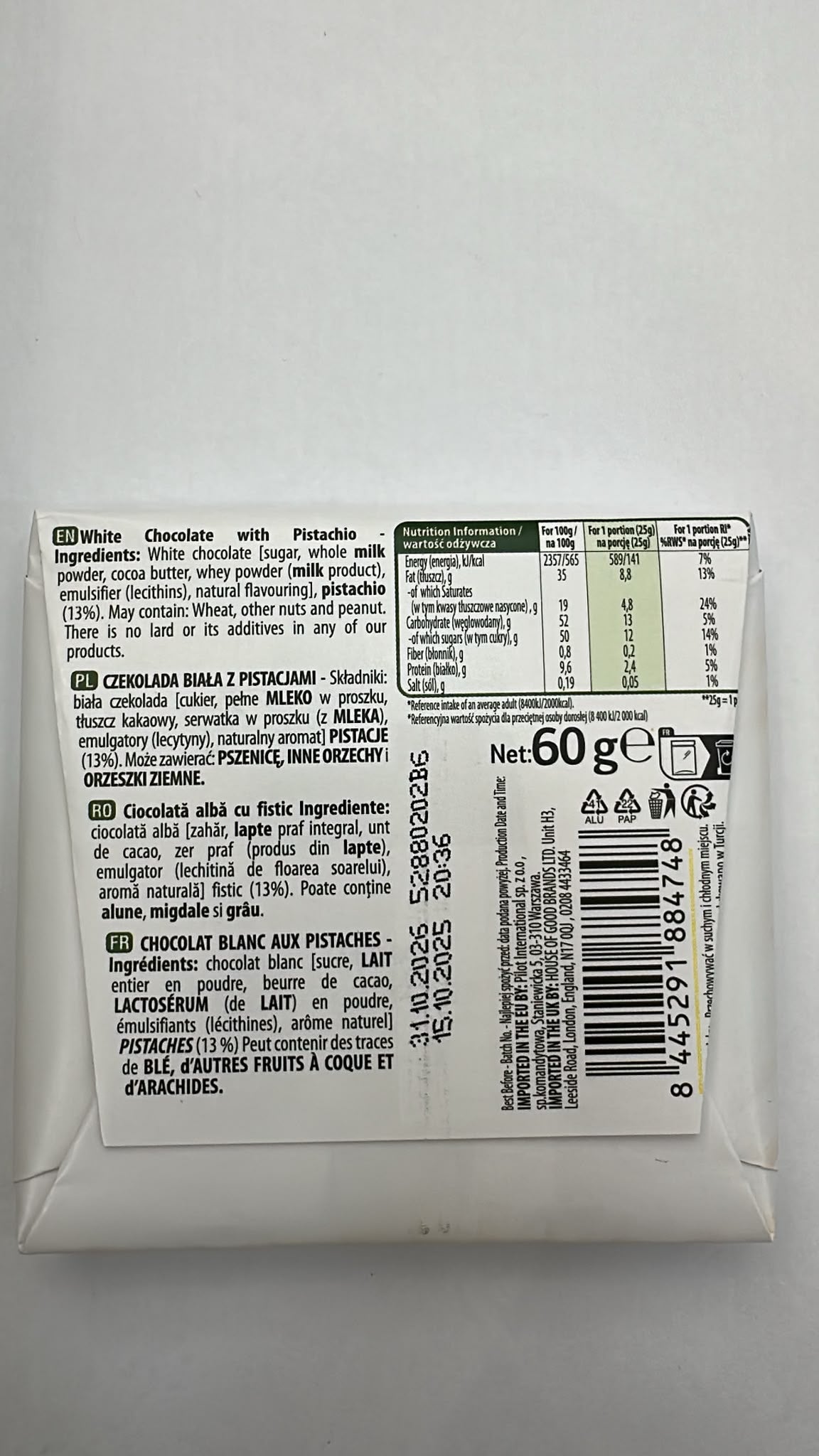Nestle Damak White Chocolate with Pistachio 60g