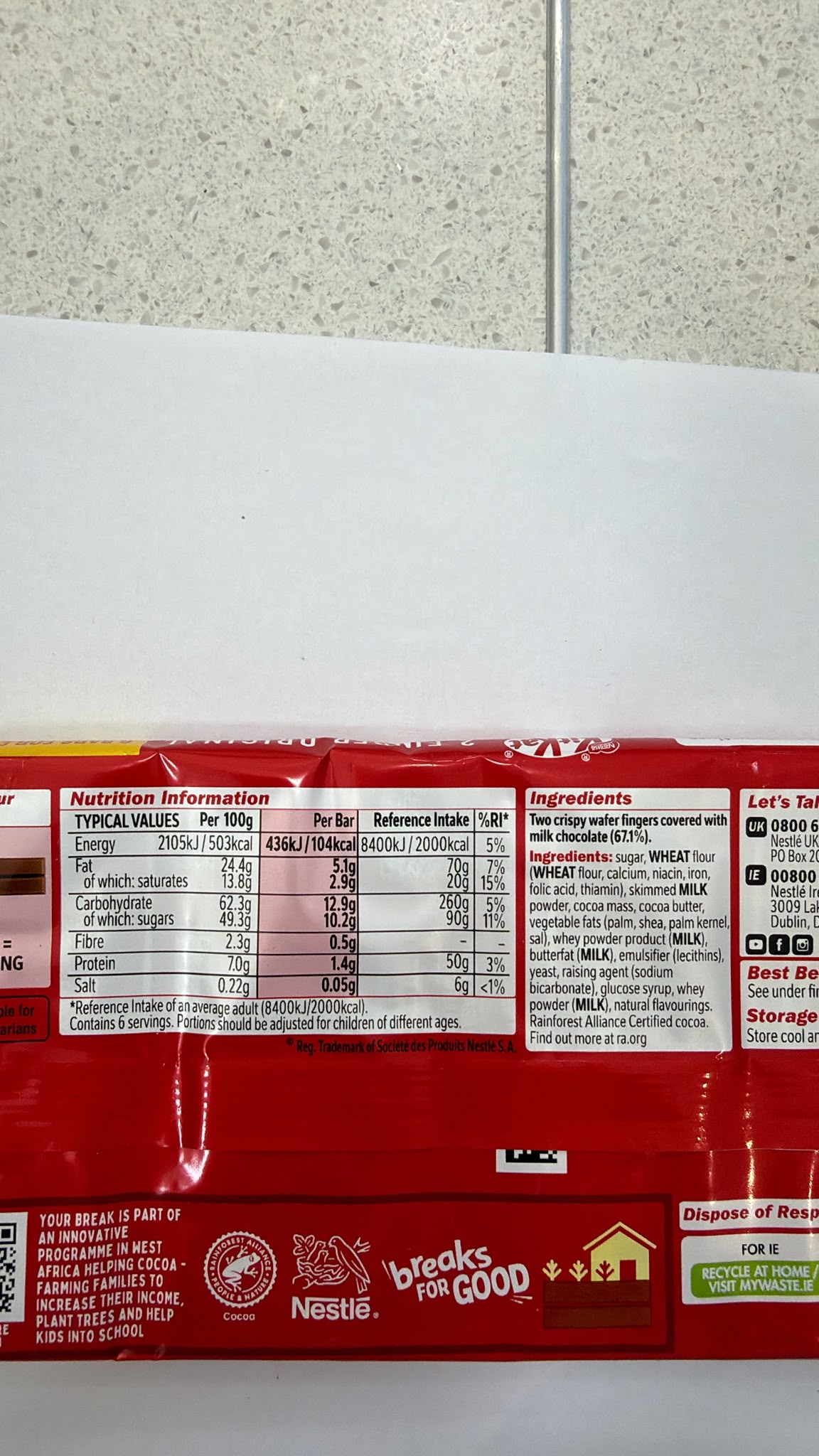 KitKat 2 Finger Milk Chocolate Biscuit Bars 6 Pack