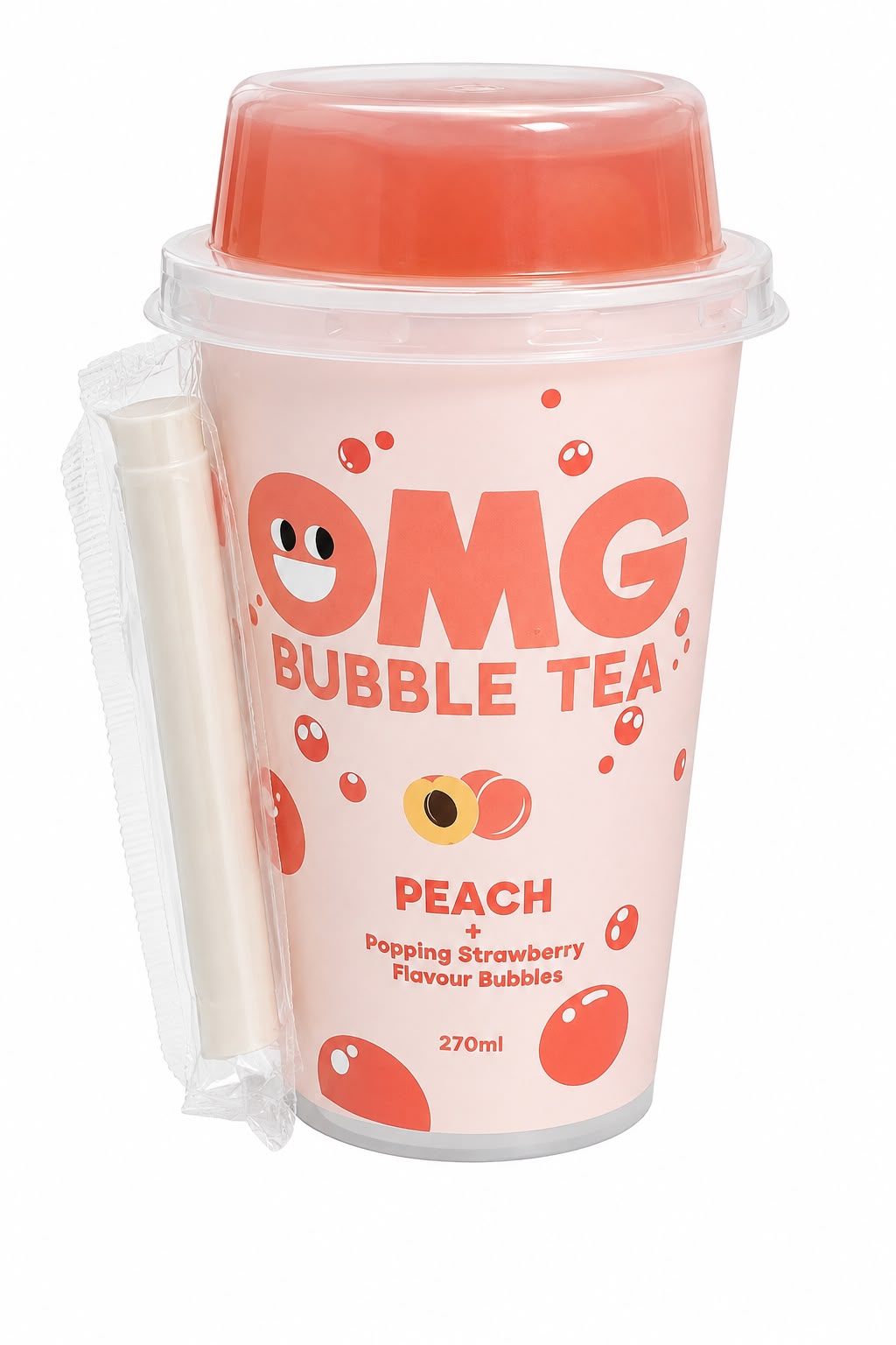 OMG Bubble Tea Peach + Popping Strawberry Flavour Bubbles 270ml | Asian Grocery UK