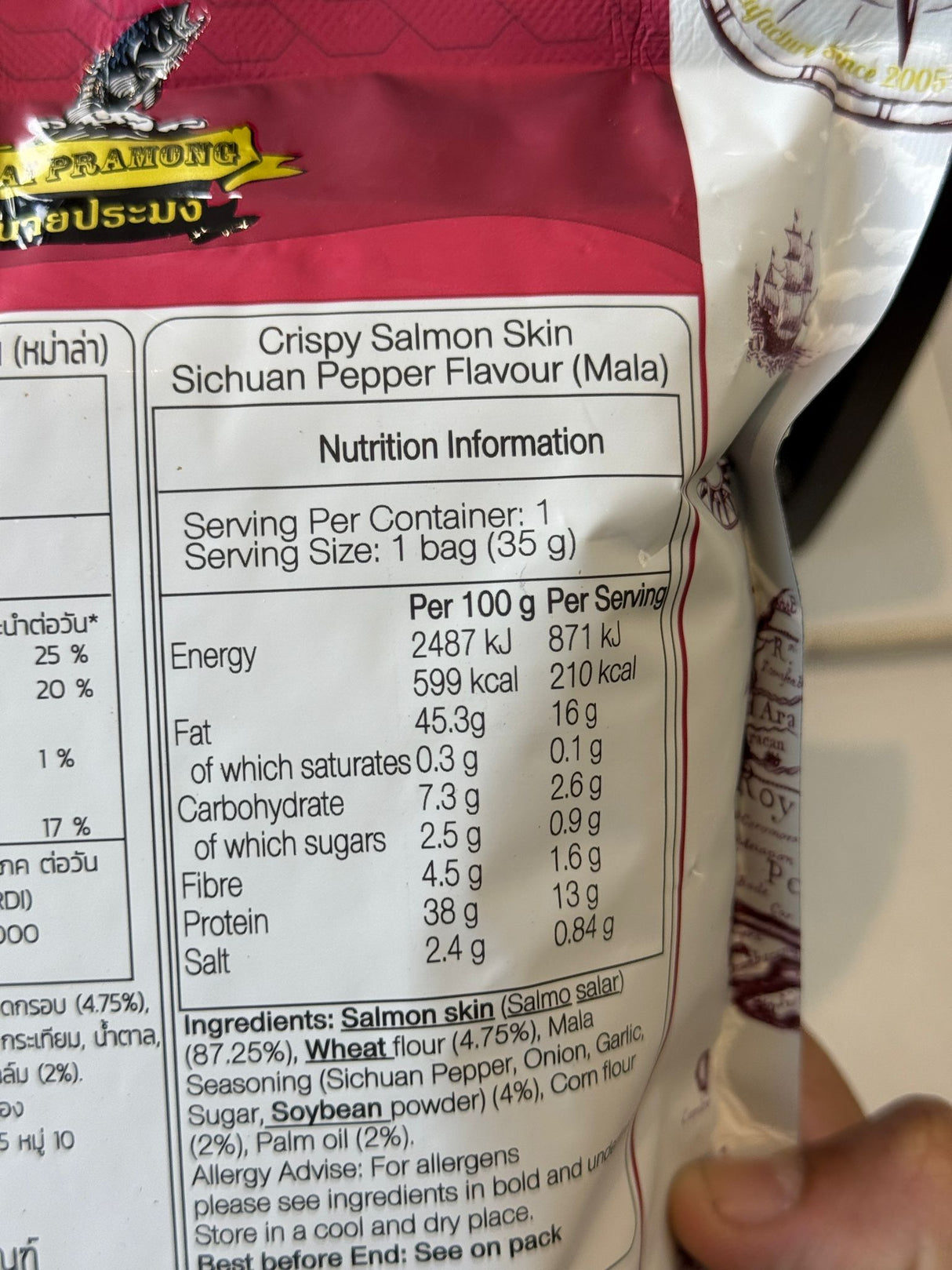 Nai Pramong Crispy Salmon Skin Mala front pack | Asian Grocery UK