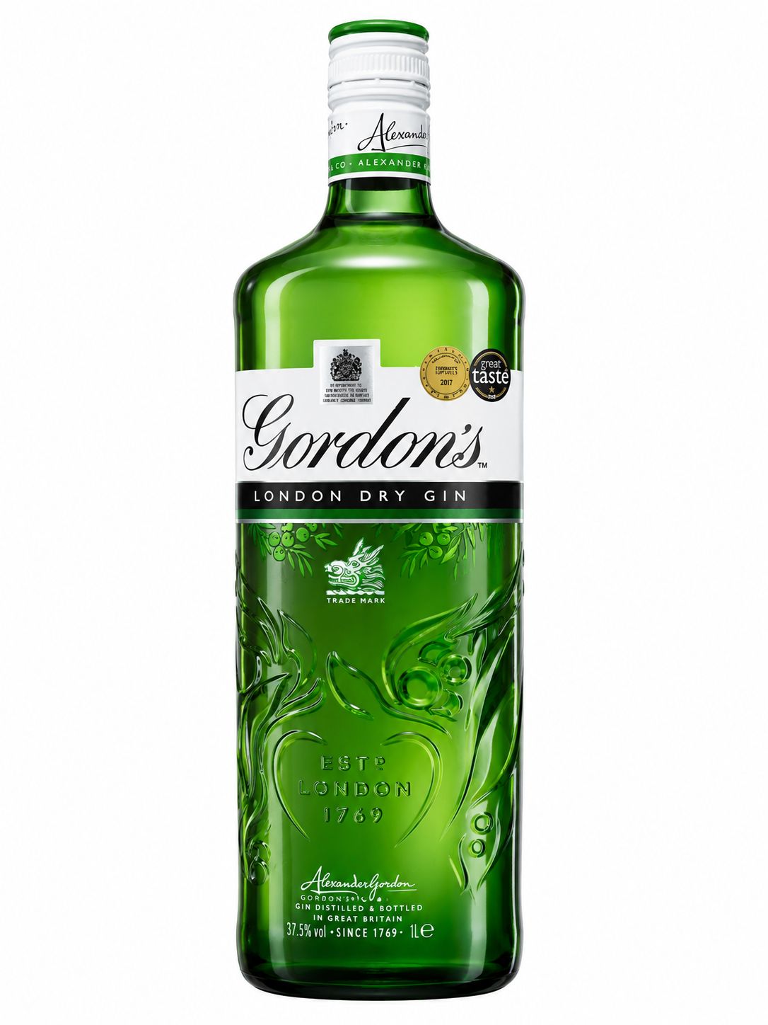 Gordon's London Dry Gin 1L back label with nutrition and botanicals info | Asian Grocery UK