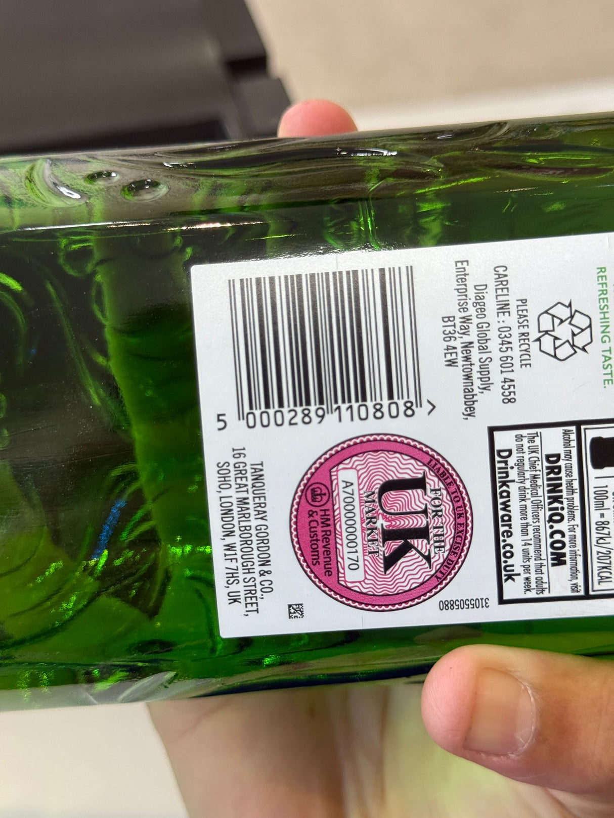 Gordon's London Dry Gin 1L barcode and UK excise duty stamp | Asian Grocery UK