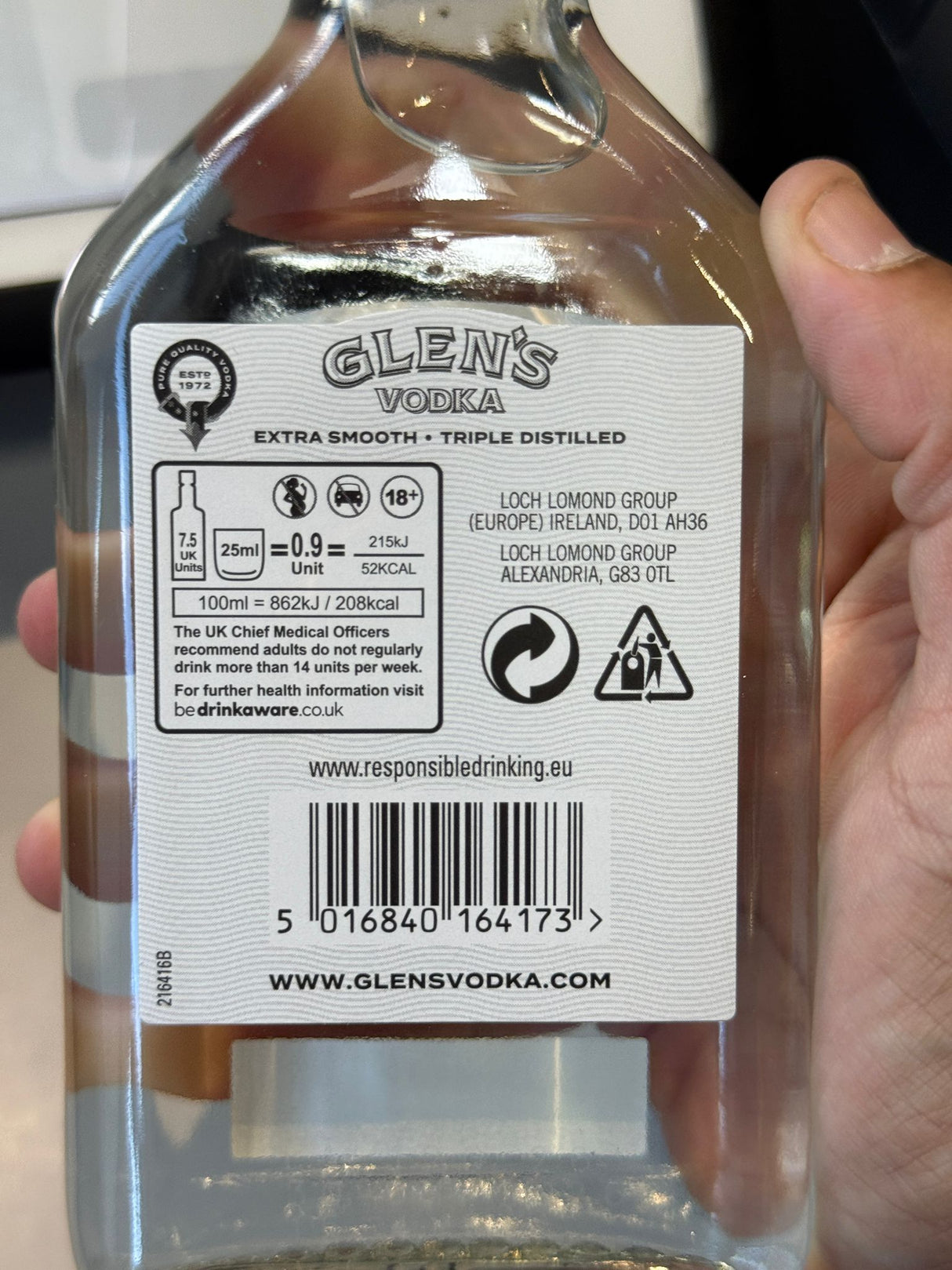 Glen's Vodka 20cl back label with nutritional info and barcode | Asian Grocery UK