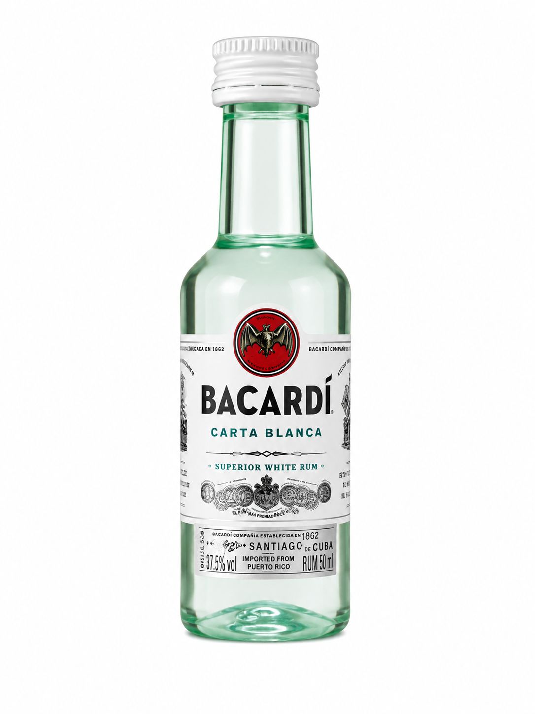 Bacardi Carta Blanca White Rum 50ml miniature back label barcode 37.5% vol | Asian Grocery UK