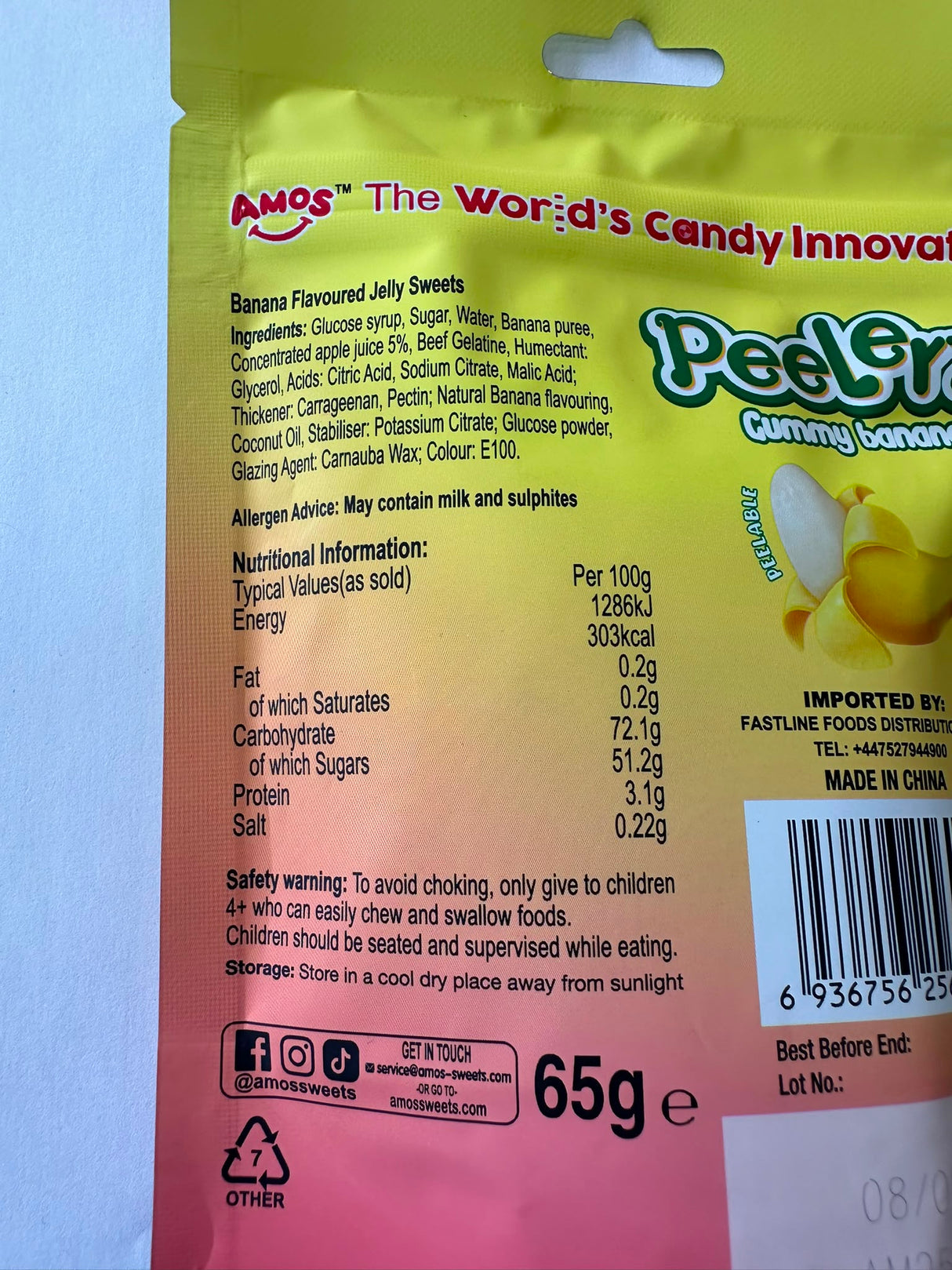 Amos Peelerz Gummy Banana barcode and best before date | Asian Grocery UK