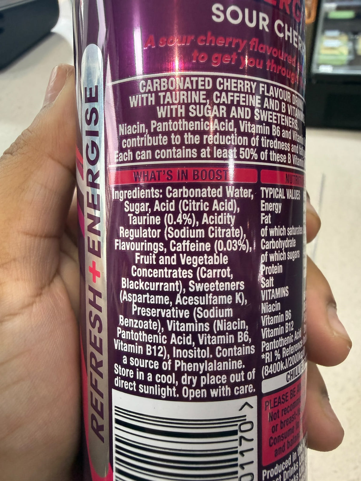 Boost Energy Sour Cherry nutritional information and caffeine warning | Asian Grocery UK