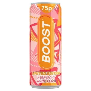 Boost Energy White Peach ingredients panel on the can back | Asian Grocery UK