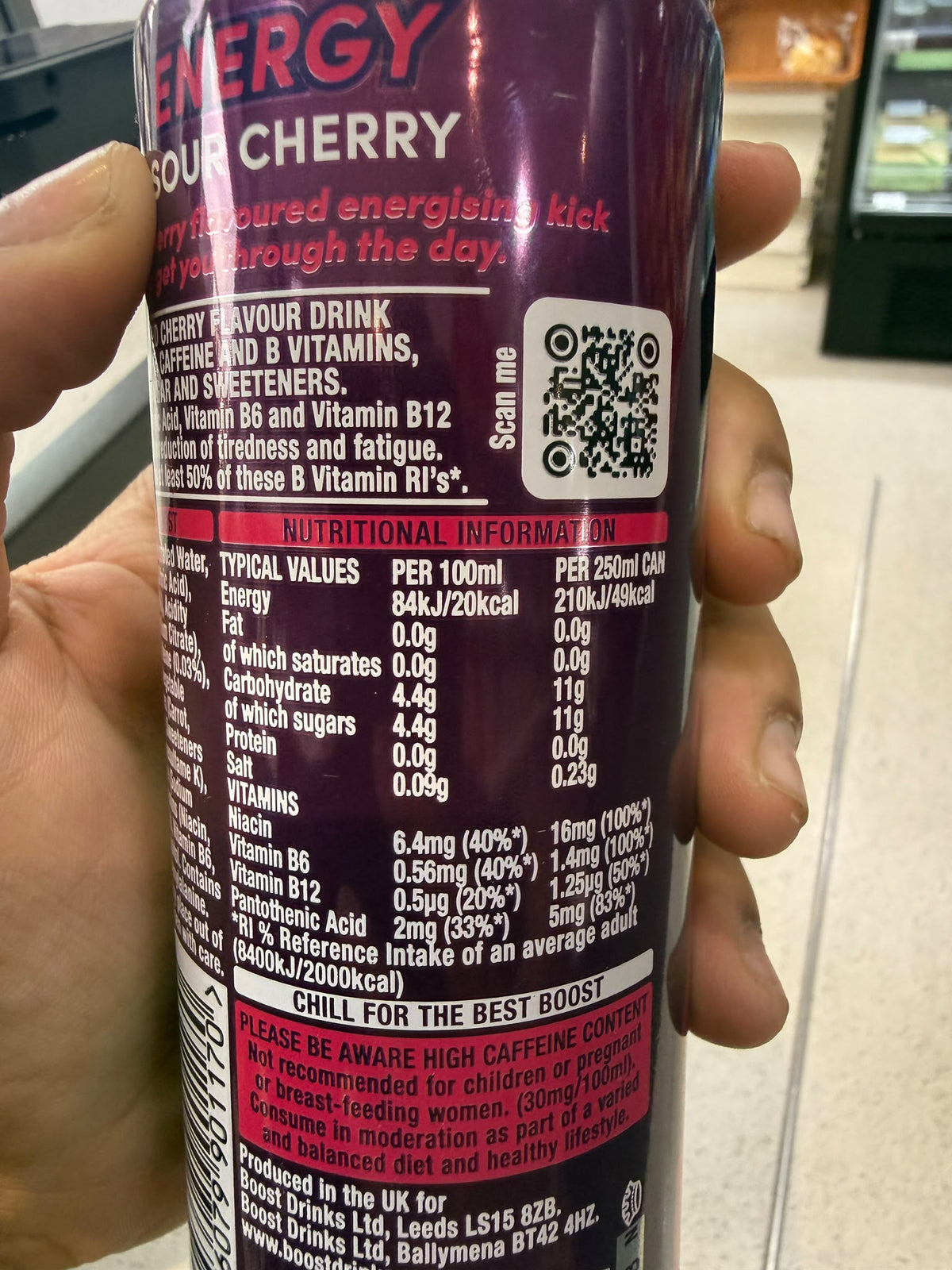 Boost Energy Sour Cherry ingredients list on can | Asian Grocery UK