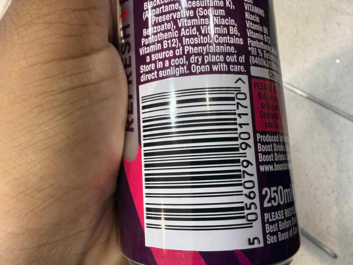 Boost Energy Sour Cherry 250ml barcode and recycling label | Asian Grocery UK