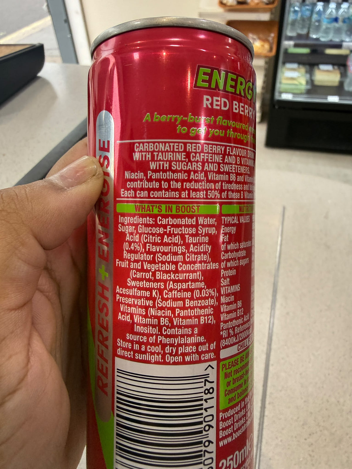 Boost Energy Red Berry 250ml can ingredients panel | Asian Grocery UK