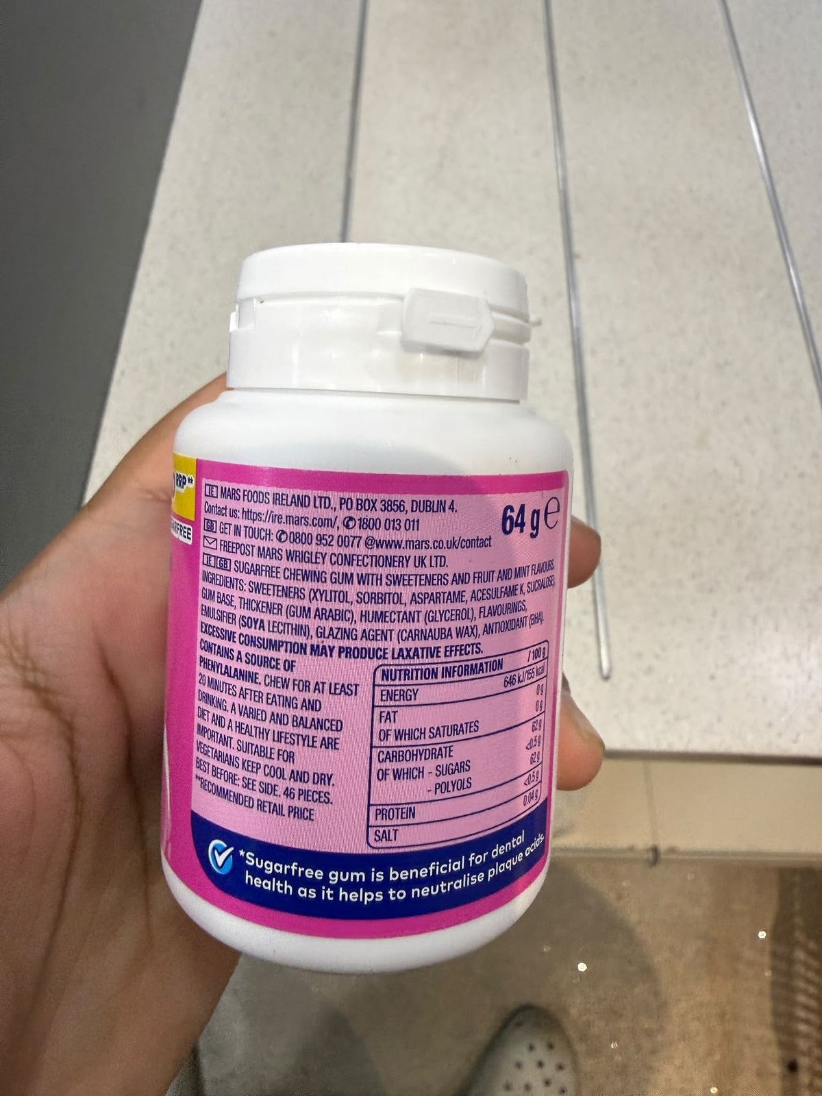 Wrigley's Extra Bubblemint bottle ingredients and nutrition label | Asian Grocery UK