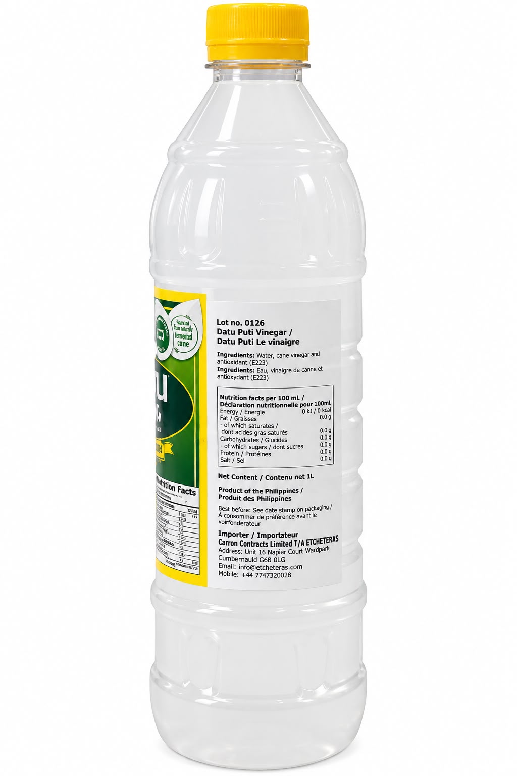 Datu Puti Cane Vinegar 1L ingredients and nutrition label | Asian Grocery UK