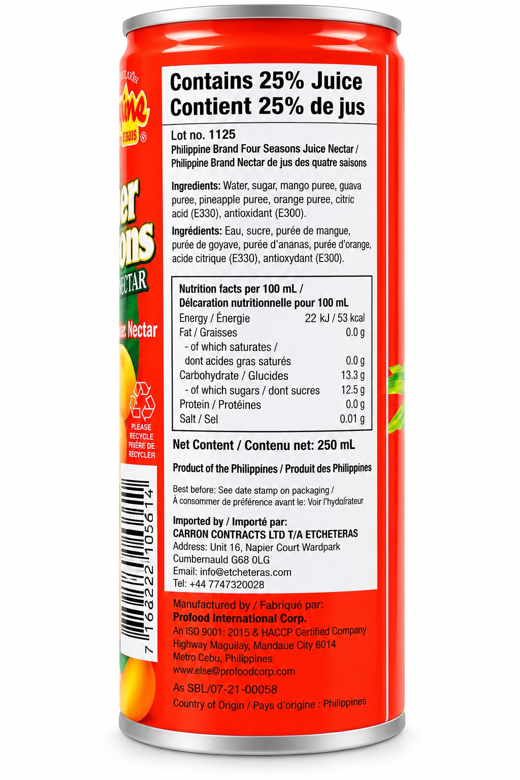 Philippine Brand Four Seasons Juice Nectar ingredients and nutrition | Asian Grocery UK