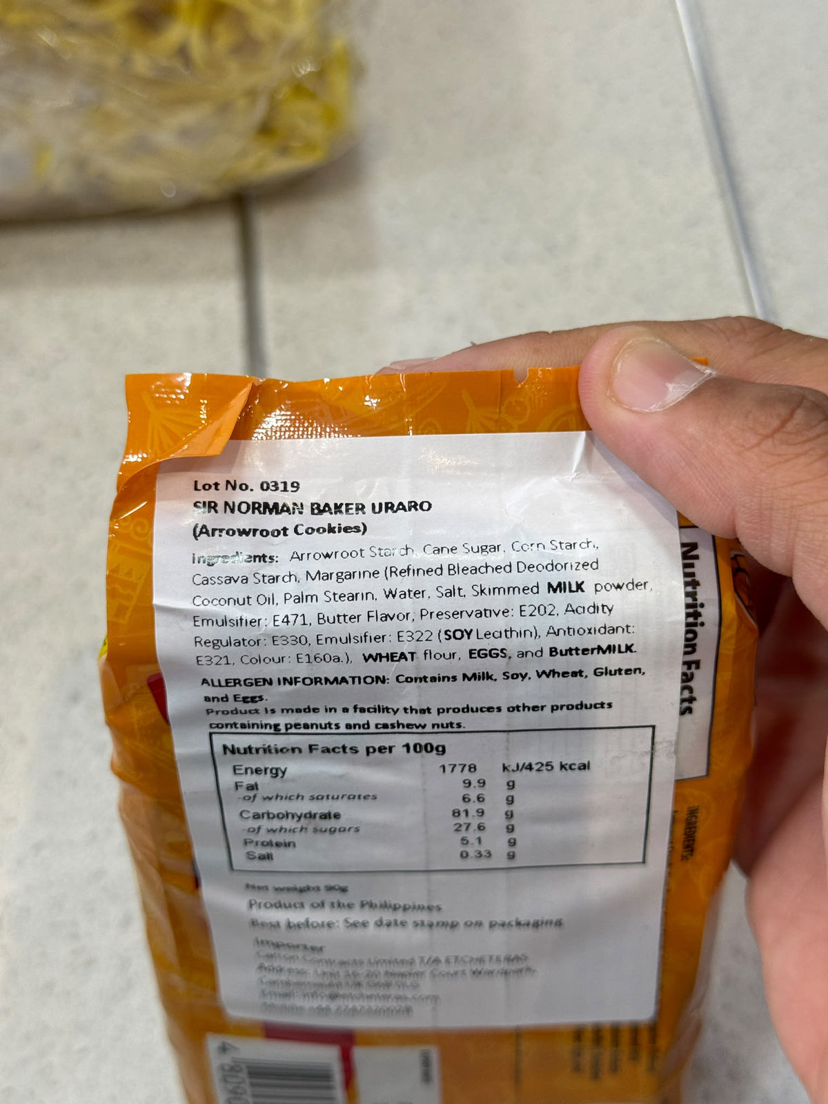 Sir Norman Baker Uraro Arrowroot Cookies ingredients and nutrition label | Asian Grocery UK