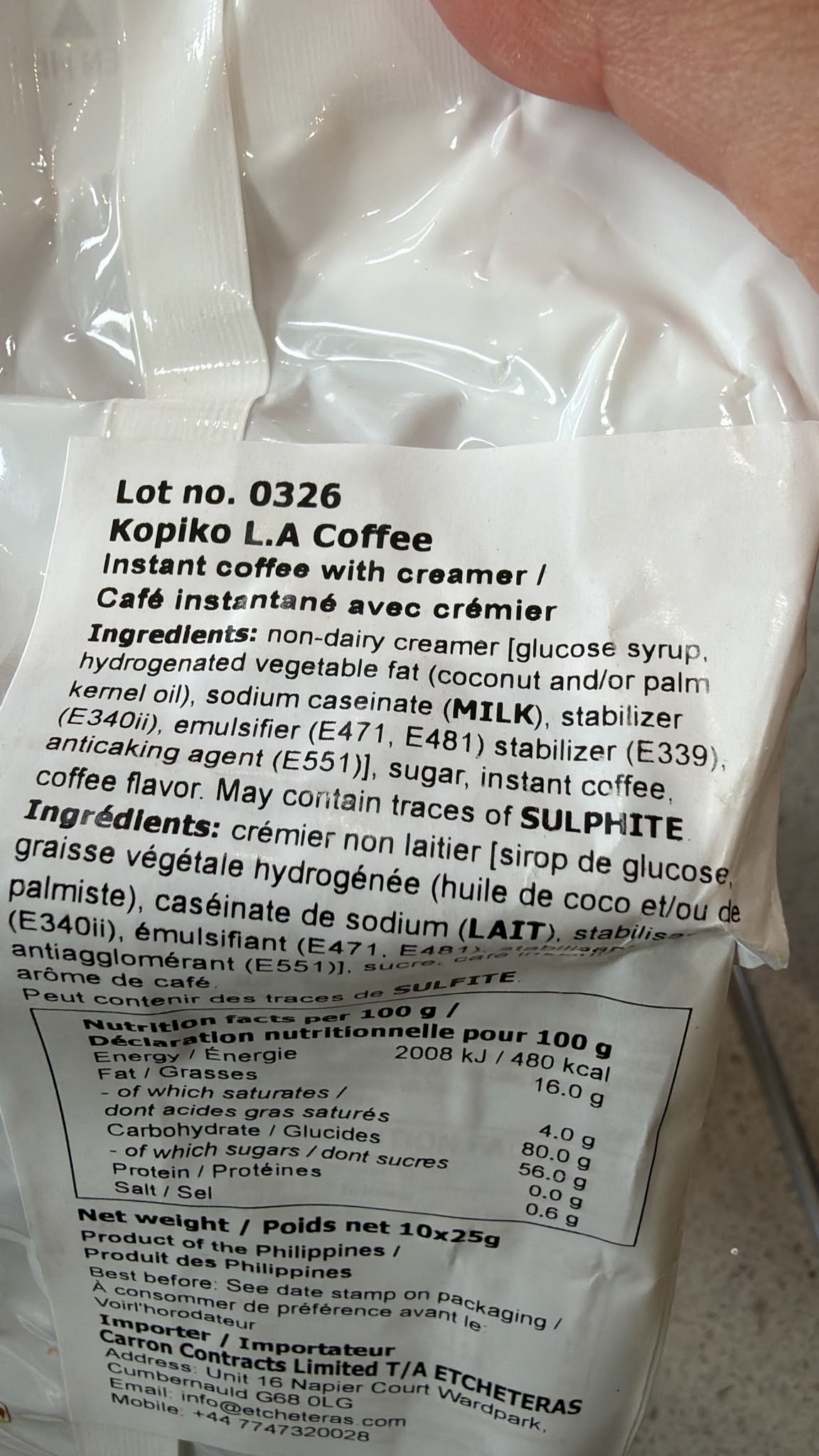 Kopiko L.A. Coffee ingredients and milk allergen information | Asian Grocery UK