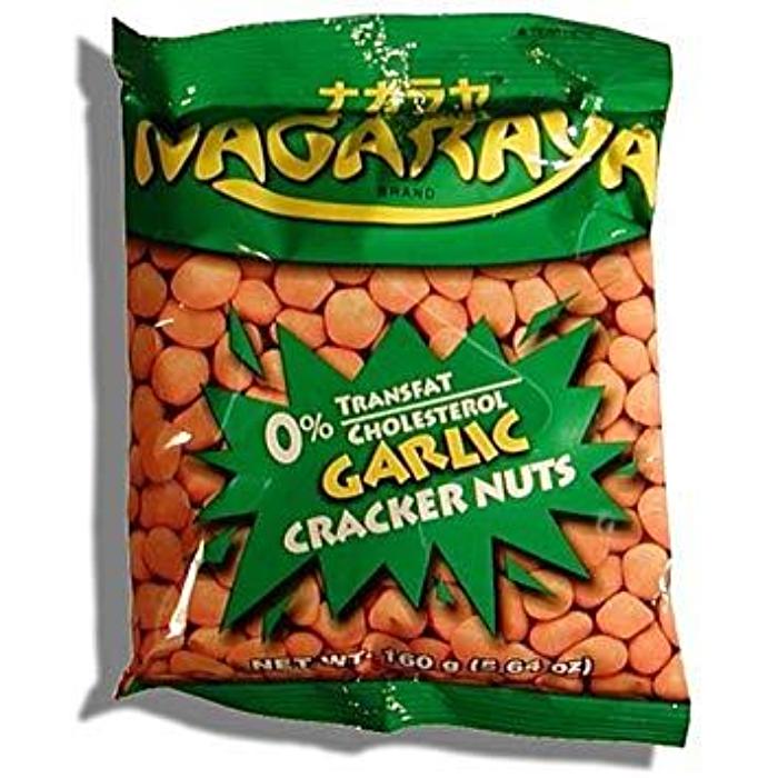 Crunchy Nagaraya Garlic Cracker Nuts in a 160g pack, showcasing a vibrant bag filled with savory, garlicky snacks.