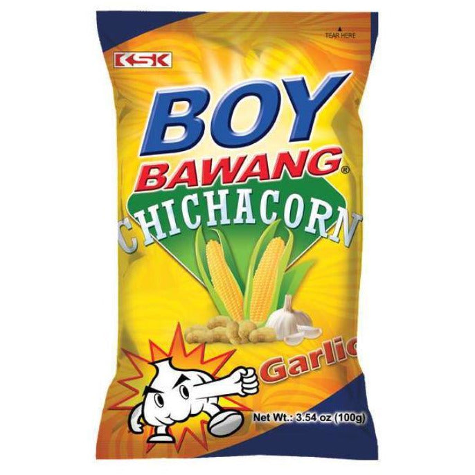 Crunchy Boy Bawang Chichacorn Garlic 100g, a Filipino fried corn snack bursting with bold garlic flavor in a vibrant pack.