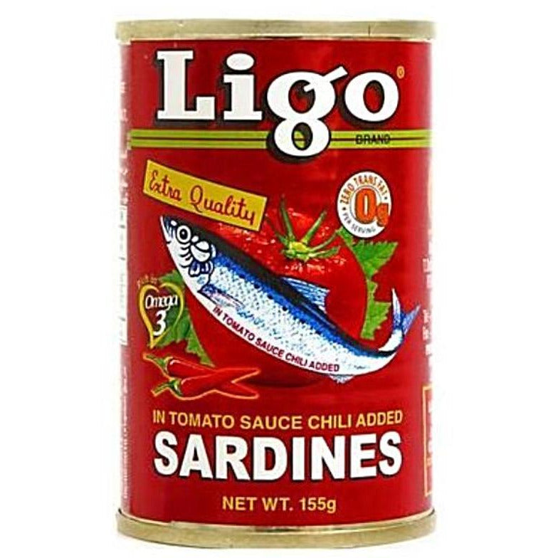 Savor the bold flavors of Ligo Sardines in Chilli Tomato Sauce, packed in a vibrant 155g can with a fiery red design.