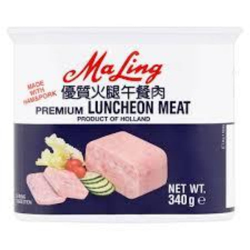 Savor the rich, savory flavor of MaLing Luncheon Meat 340g, showcased in a neatly sealed can, ready for versatile meals.
