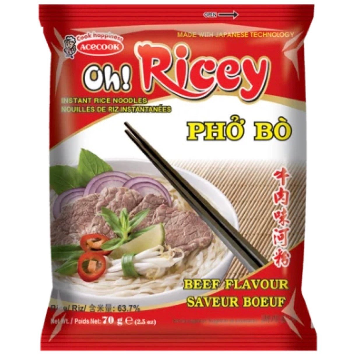 Acecook Oh! Ricey Pho Bo (Beef Flavor) Instant Rice Noodles 70g - Asian Online Superstore UK