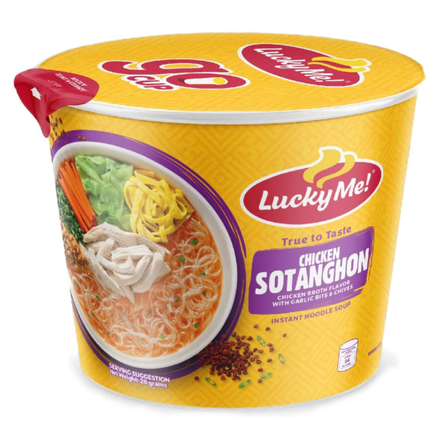 Savor the taste of Lucky Me Cup Noodles Chicken Sotanghon 28g, a convenient instant vermicelli noodle soup in a cup with bold chicken flavor.