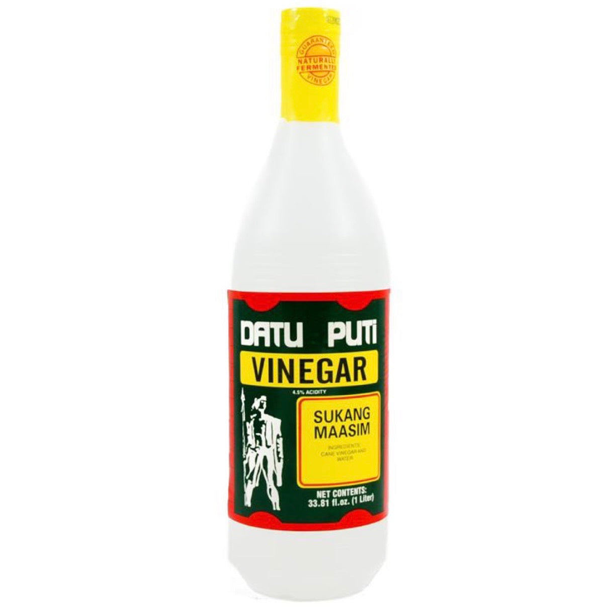 Clear 1L bottle of Datu Puti Vinegar, showcasing its iconic label and sharp, tangy essence for Filipino dishes.