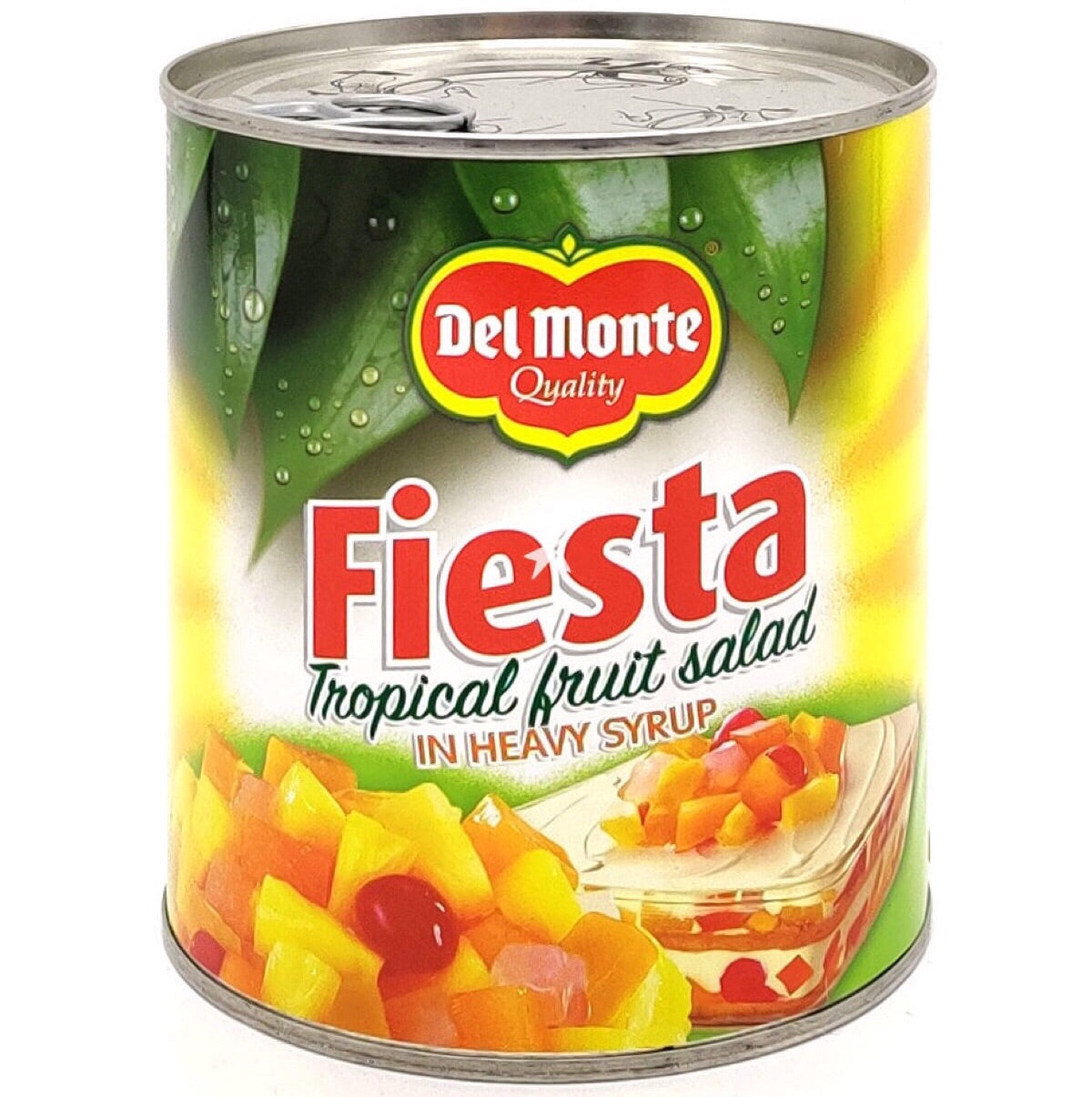 Vibrant tropical fruit salad with pineapple, papaya, and cherries in heavy syrup, packed in an 850g Del Monte can.