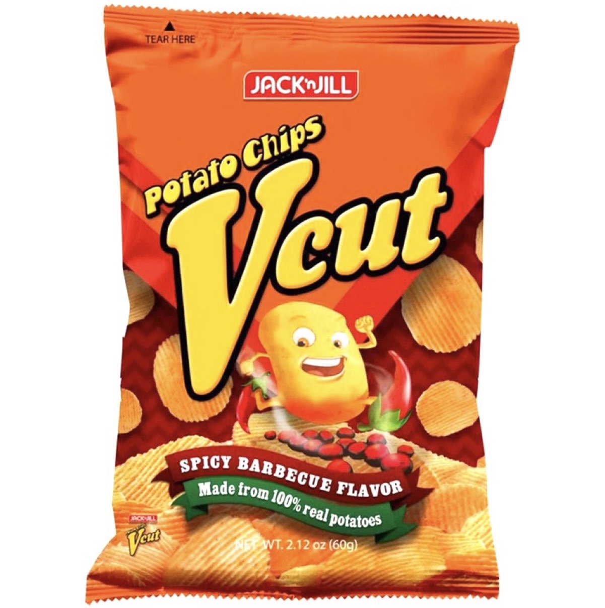Crunchy Jack ‘n Jill V-Cut Potato Chips in Spicy Barbecue flavor, showcasing ridged, golden chips in a vibrant 60g pack.