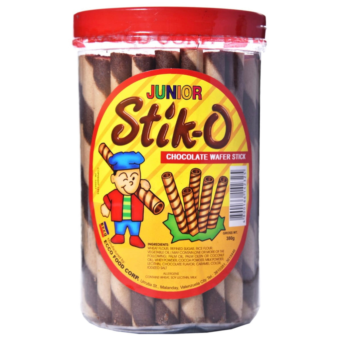 Crunchy Stick-O Chocolate Wafer Sticks in a 380g tub, showcasing thin, golden-brown biscuits with a rich cocoa coating.