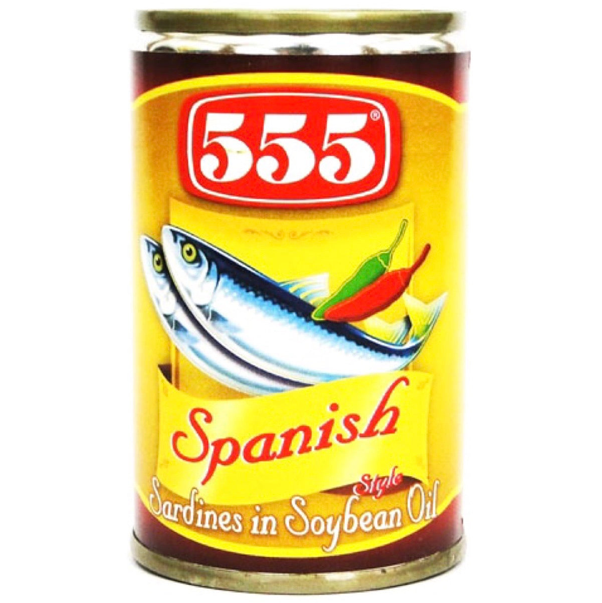 Savory 555 Spanish Style Sardines in Soybean Oil, packed in a 155g can, showcasing a vibrant and appetizing label design.