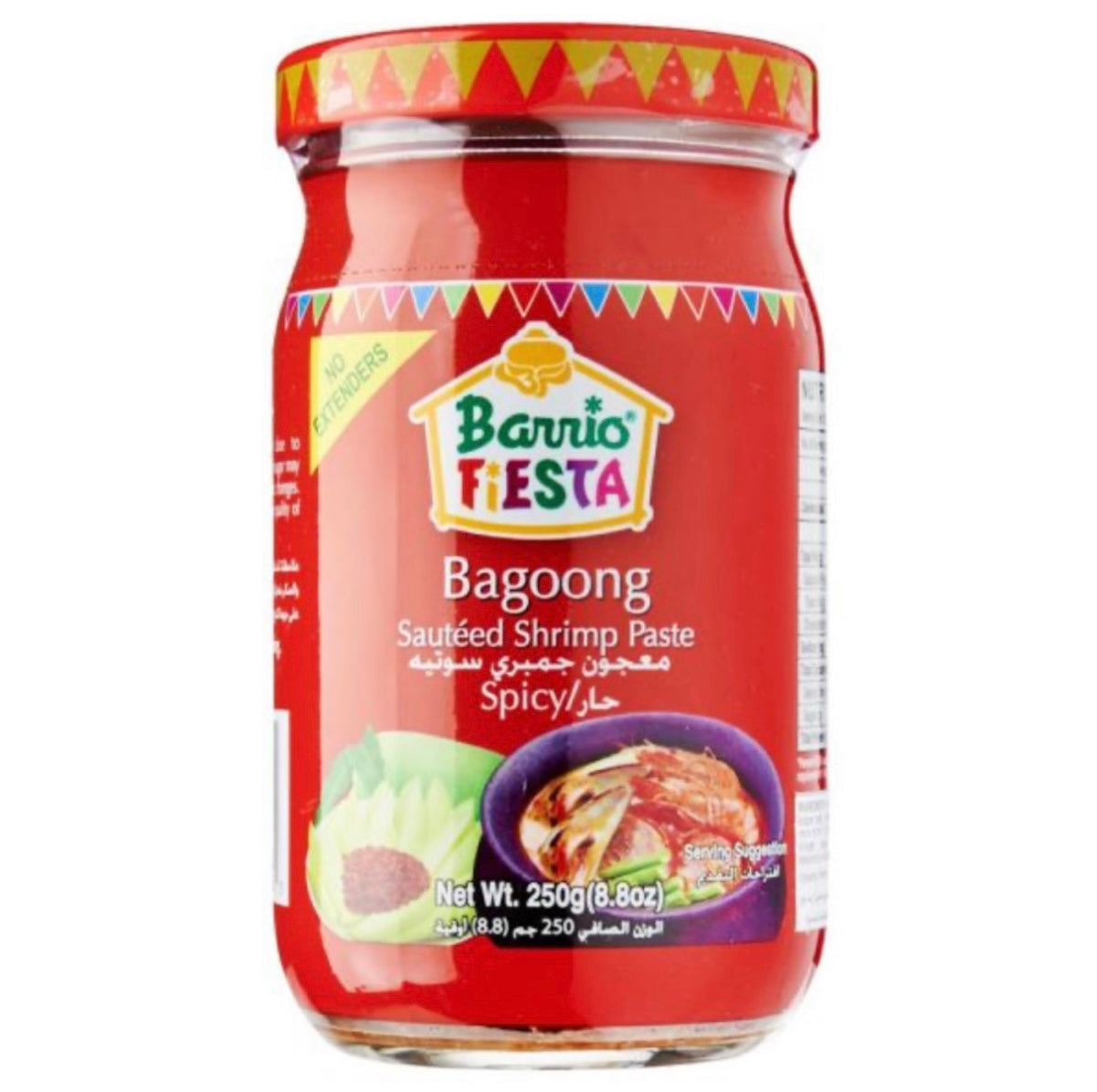 Savor the bold flavor of Barrio Fiesta Spicy Bagoong in a 250g jar, showcasing rich, red shrimp paste with a fiery kick.