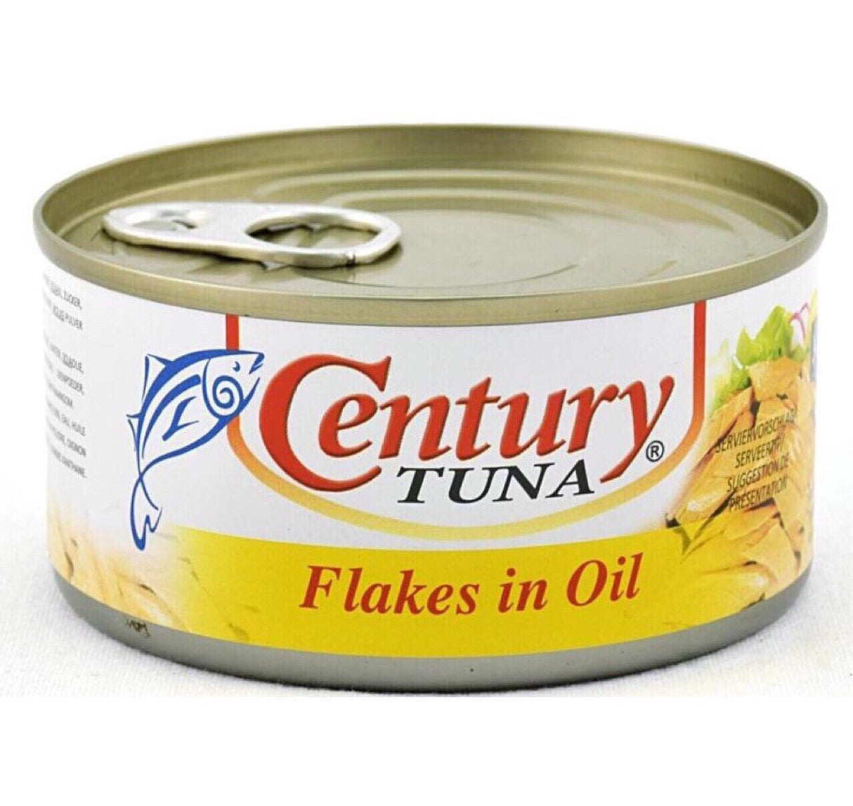 Century Tuna Flakes in Oil 180g can, showcasing tender tuna flakes in vegetable oil with a smoky, corned beef flavor.
