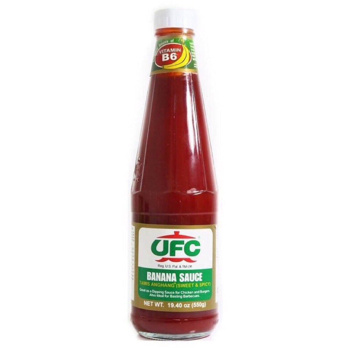 Vibrant bottle of UFC Sweet & Spicy Banana Sauce 320g, showcasing a rich, red hue and bold label design on a clean background.
