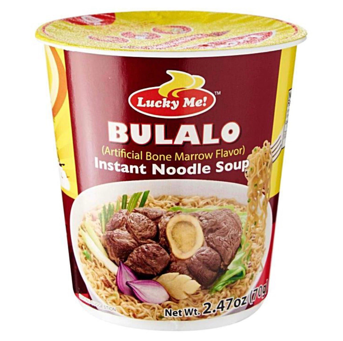 Savor the rich, beefy aroma of Lucky Me Cup Noodles Bulalo 70g, showcasing hearty noodles and savory broth in a convenient cup.