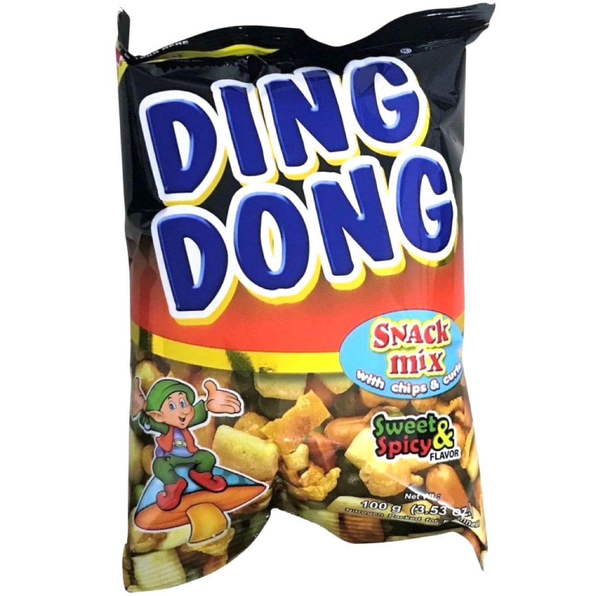 Crunchy Ding Dong Sweet & Spicy 100g snack mix with peanuts, corn bits, green peas, chips, and curls in a vibrant pack.
