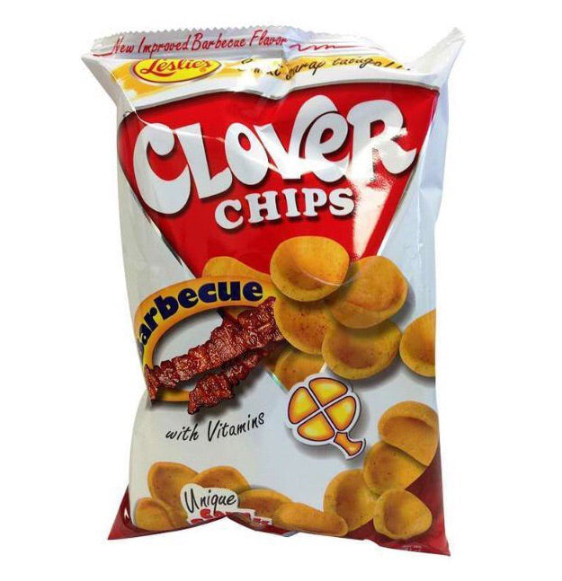 Crunchy Leslies Clover Chips Barbecue 85g in a vibrant pack, showcasing the irresistible BBQ-flavored corn snack.