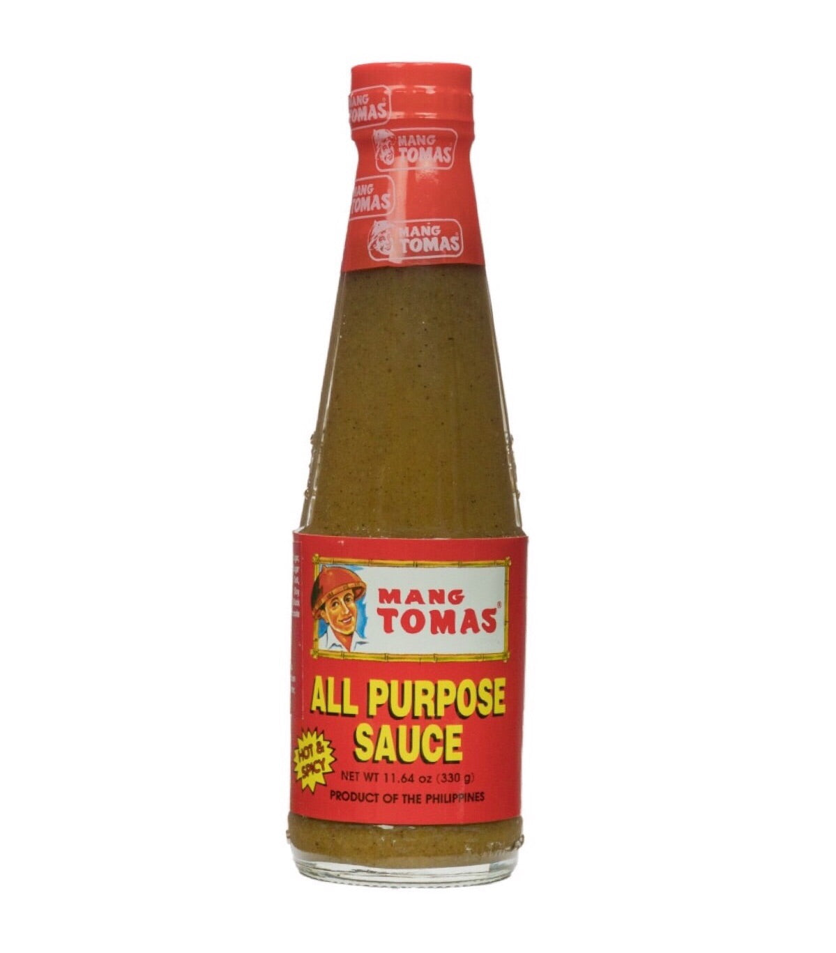Sizzling red bottle of Mang Tomas Hot & Spicy All Purpose Sauce, 330ml, showcasing bold Filipino flavors for cooking.