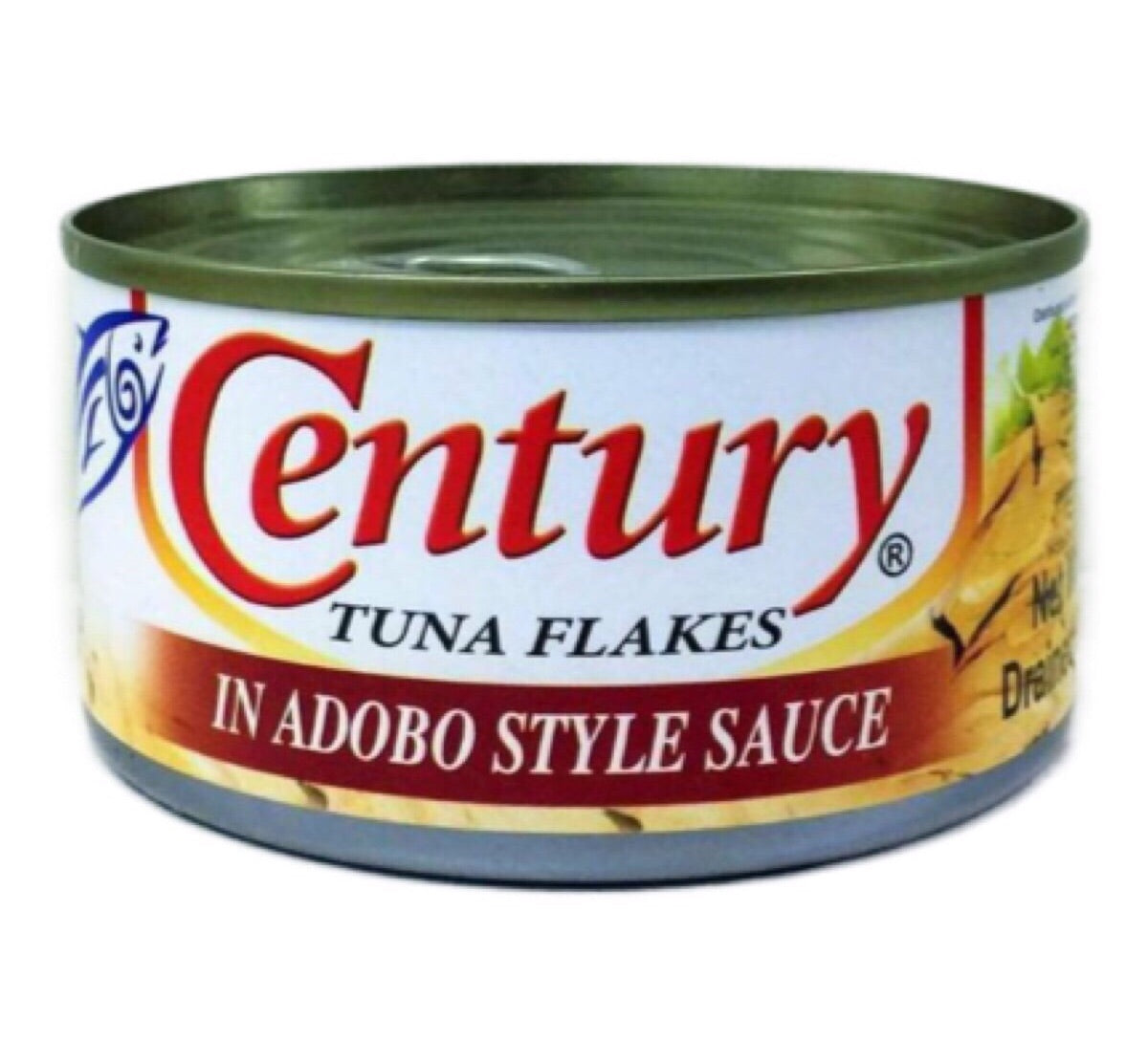 Savory Century Tuna Flakes in Adobo Style, 180g can, featuring tender tuna in a rich, tangy soy-vinegar sauce with spices.
