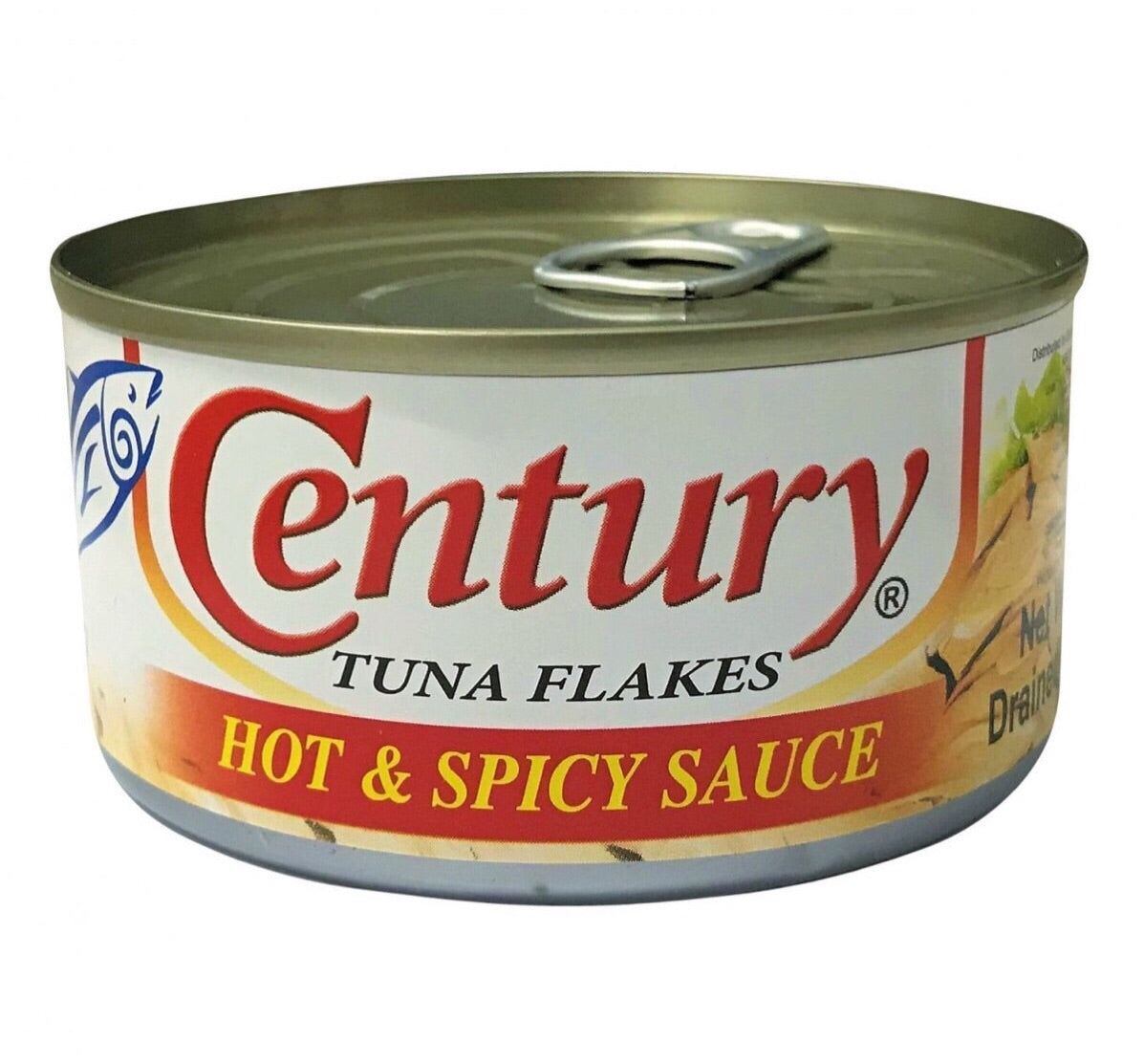 Savory Century Tuna Flakes in Hot and Spicy Sauce, 180g can, featuring tender tuna in a fiery, flavorful chili blend.