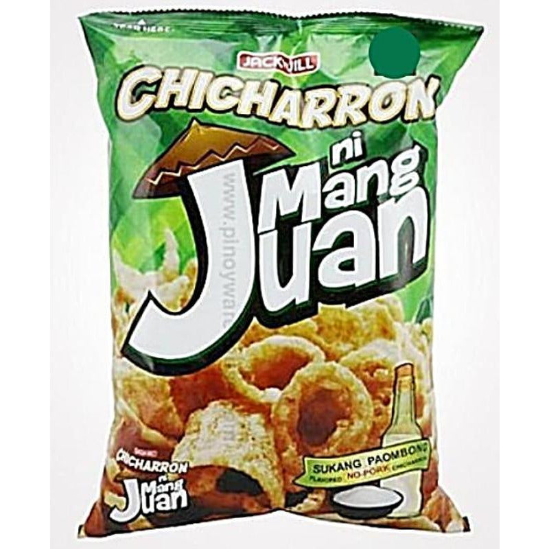 Crunchy green pea-based Mang Juan Chicharron in Sukang Paombong flavor, infused with tangy palm vinegar, in a 90g pack.