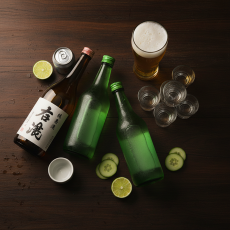 Selection of Asian beer, soju and sake bottles with shot glasses