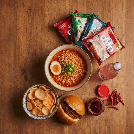 Best selling Asian groceries including instant ramen, ramune soda, rice crackers and chilli oil