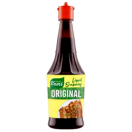Knorr Liquid Seasoning Original in a 250ml clear bottle, showcasing a rich, dark liquid ready to enhance your dishes.