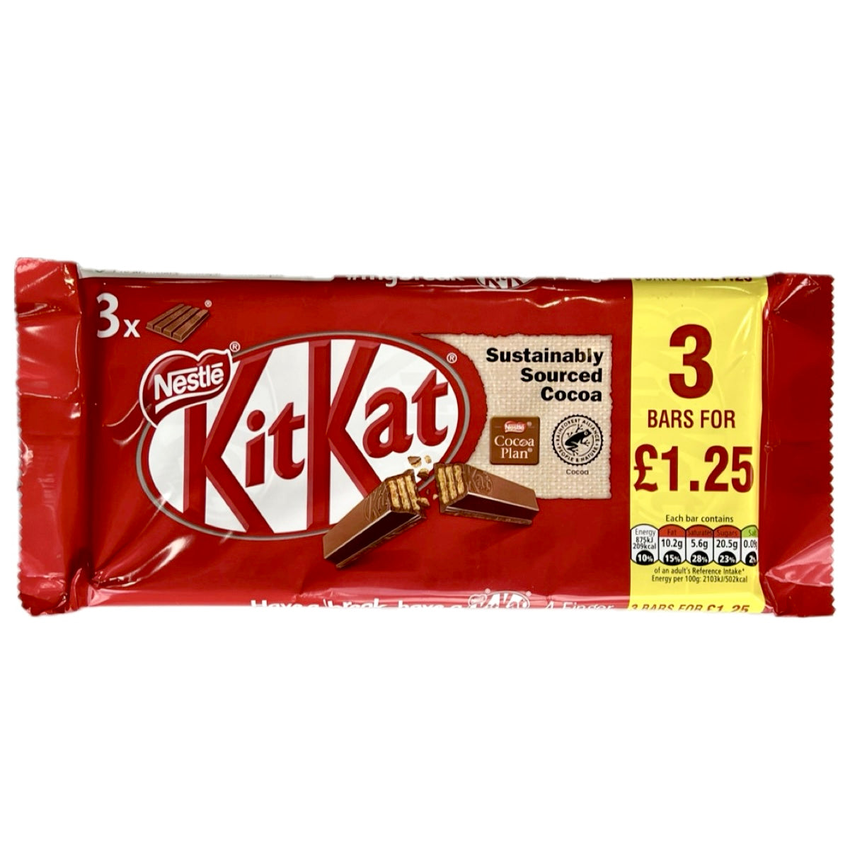 Nestle Kit kat 4 Finger Milk Chocolate Bar 3 Pack (RRP1.25) 125.5g