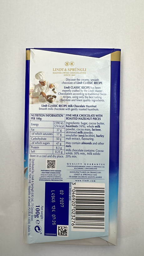 Lindt Classic Recipe Milk Chocolate Hazelnut 100g | Asian Grocery UK