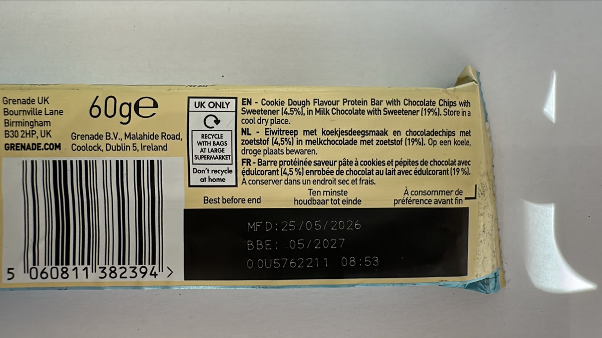 Grenade Chocolate Chip Cookie Dough Protein Bar 60g