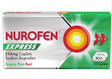 Nurofen Express 256mg caplets packaging box, featuring a silver and green design with a red and yellow target logo, containing 12 caplets.