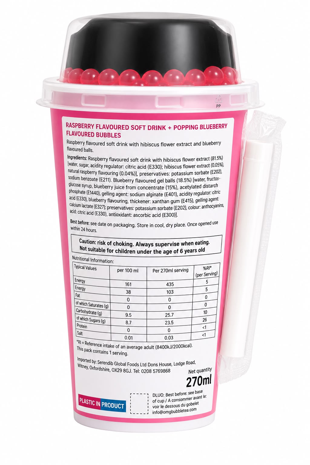 OMG Bubble Tea Raspberry with Popping Blueberry Bubbles 270ml | Asian Grocery UK
